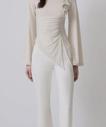 Asymmetric Ruched Blouse with Bow Detail