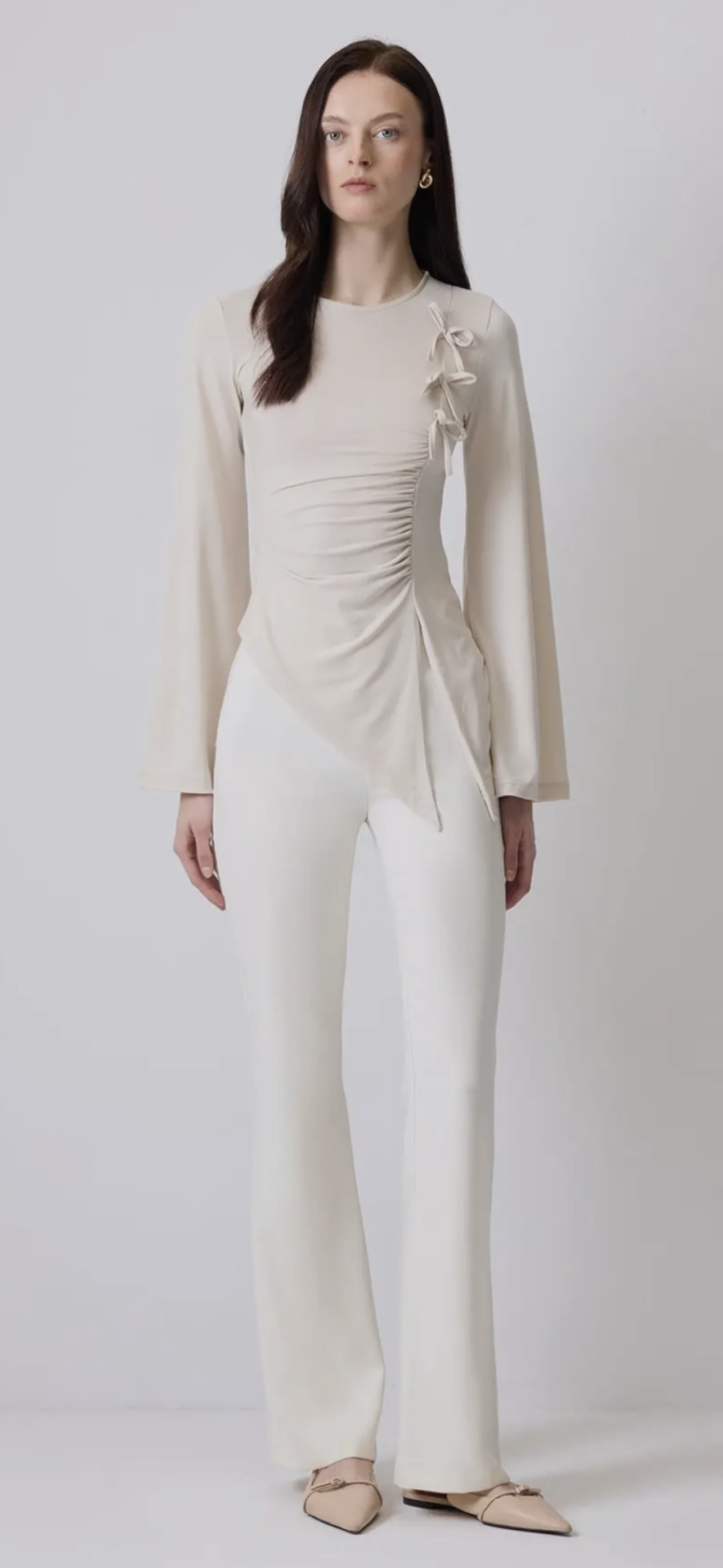 Asymmetric Ruched Blouse with Bow Detail
